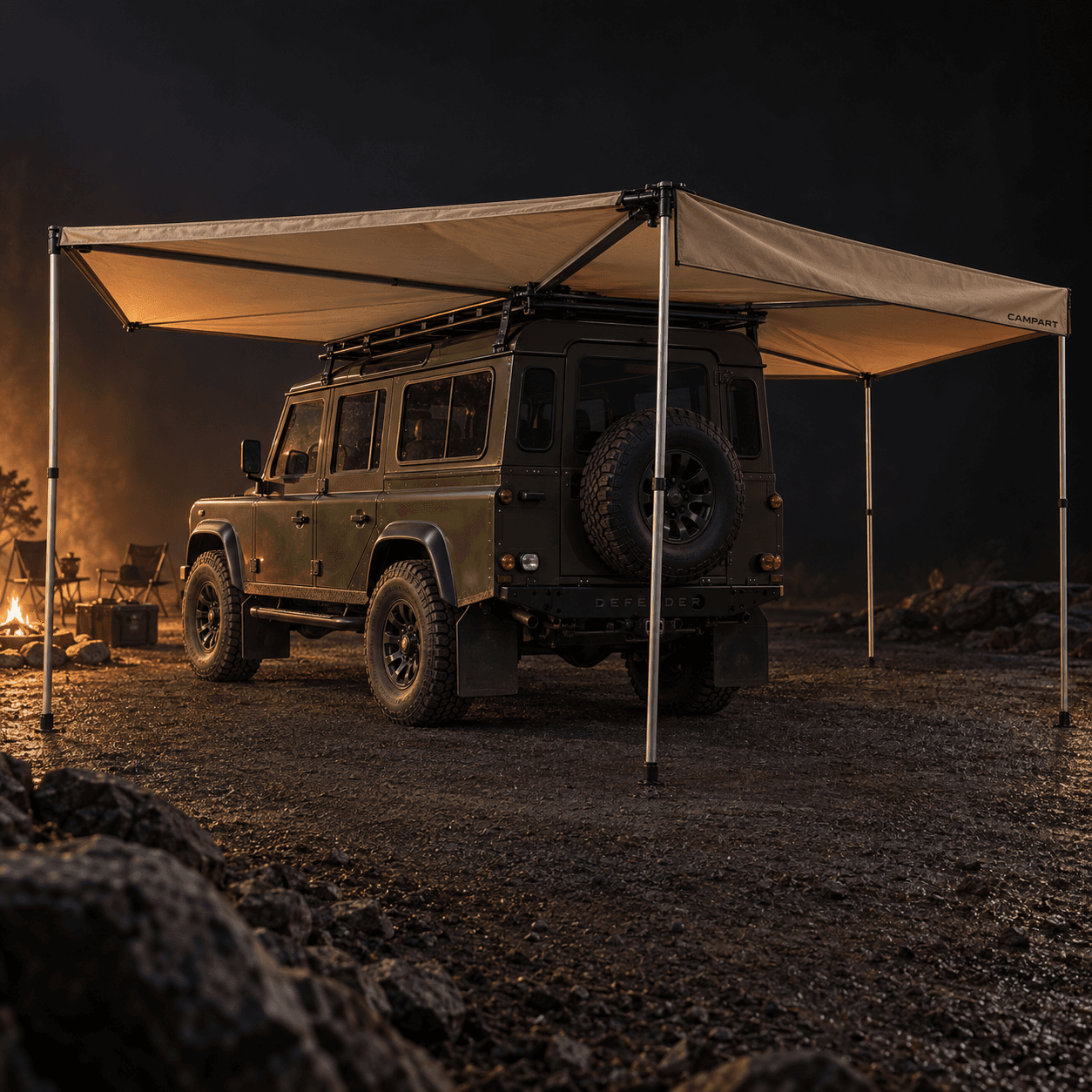 CAMPART wraparound awning extended around a Land Rover